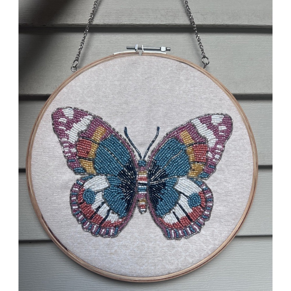 Handmade Beaded Butterfly Embroidery Hoop Wall Hanging Velvet Textile Art 12"